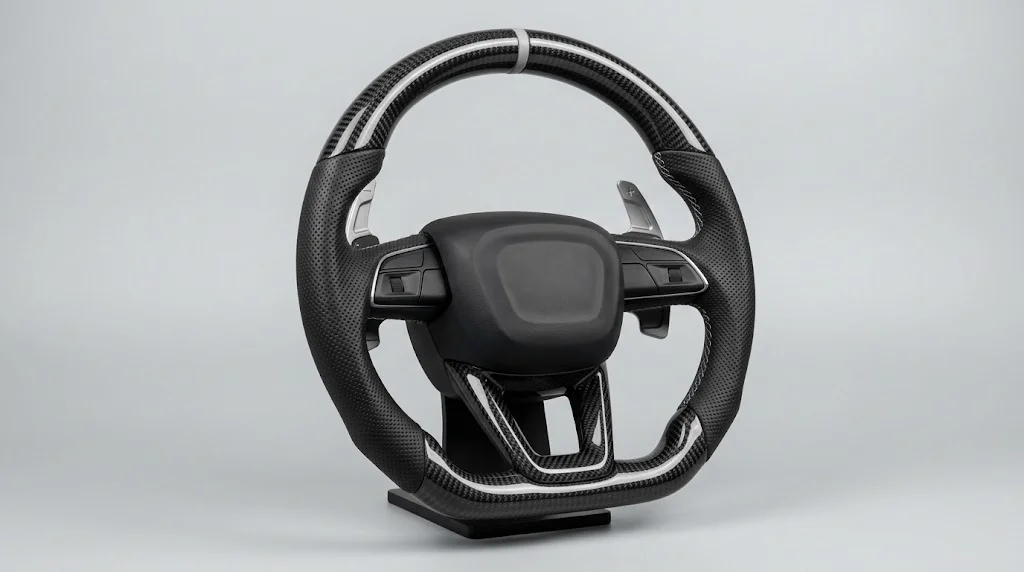 Studio product shot of a NIEVELT custom twill carbon fiber and perforated leather steering wheel for Audi A4 B9 and A6 C8