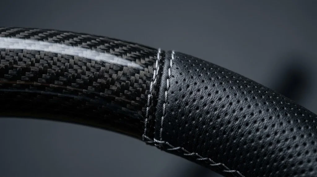 Close-up of twill carbon fiber weave, perforated leather and silver stitching on a NIEVELT Audi steering wheel
