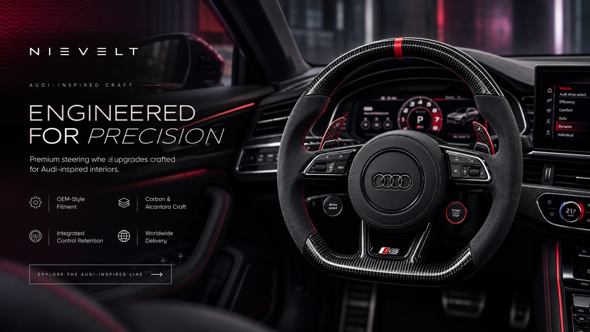 Custom Audi RS carbon fiber steering wheel fitted in an Audi interior